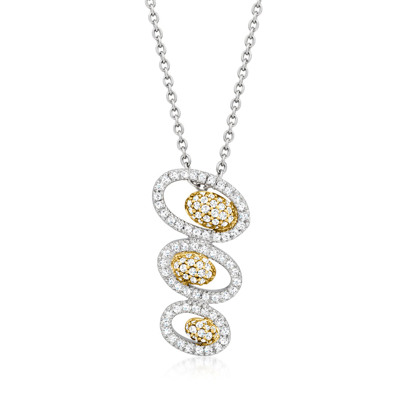 Two-tone gold diamond three-oval pendant necklace with linked oval crystal clusters