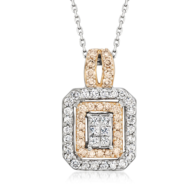 Two-tone 14kt gold diamond cluster pendant with rectangular center and halo border