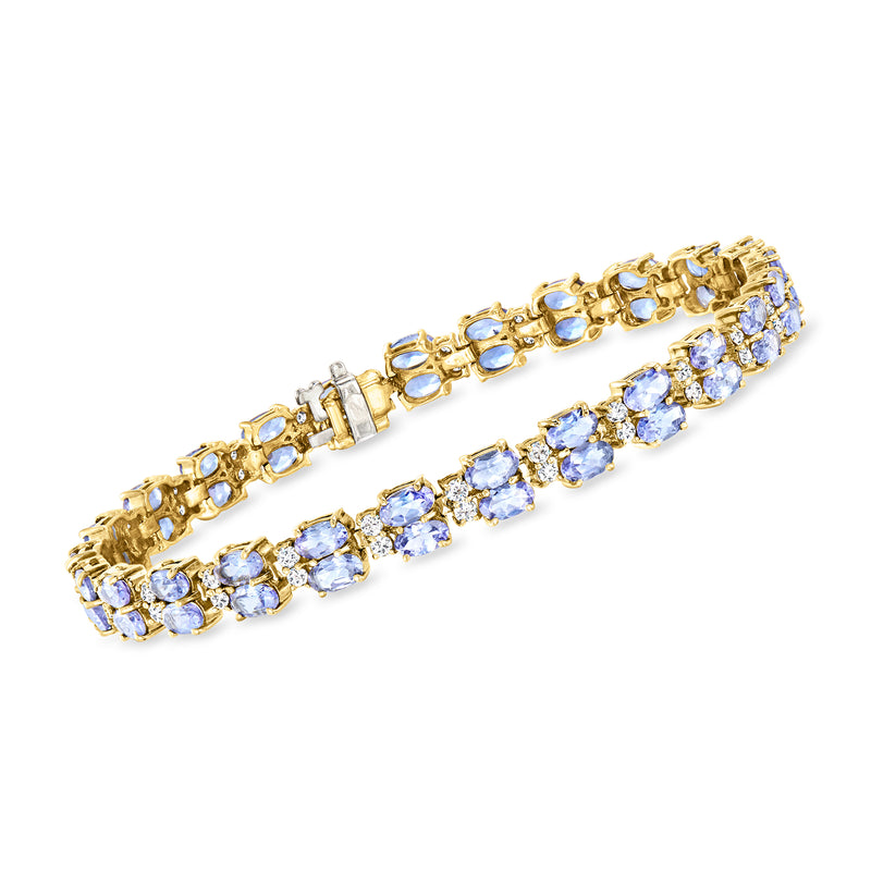 Vintage tennis bracelet in 14kt yellow gold with blue gemstone and clear diamond rows