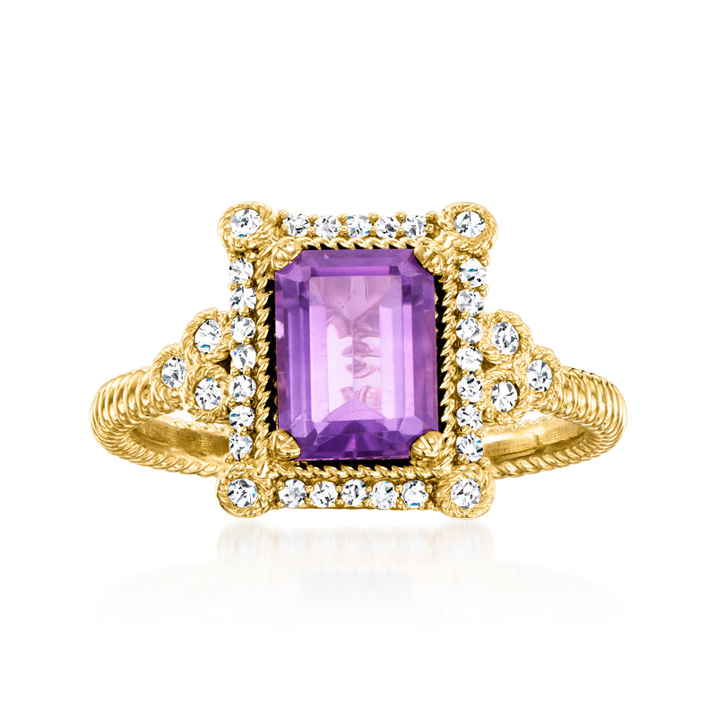 Vintage yellow gold ring with cushion-cut amethyst center and diamond halo
