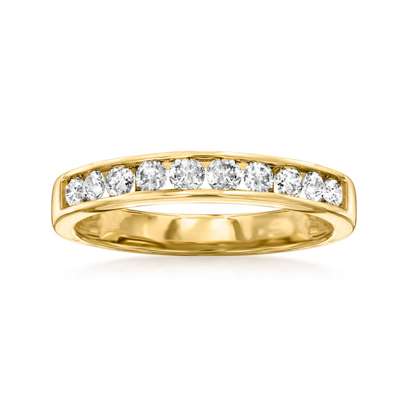 14kt yellow gold channel-set diamond wedding band with round stones