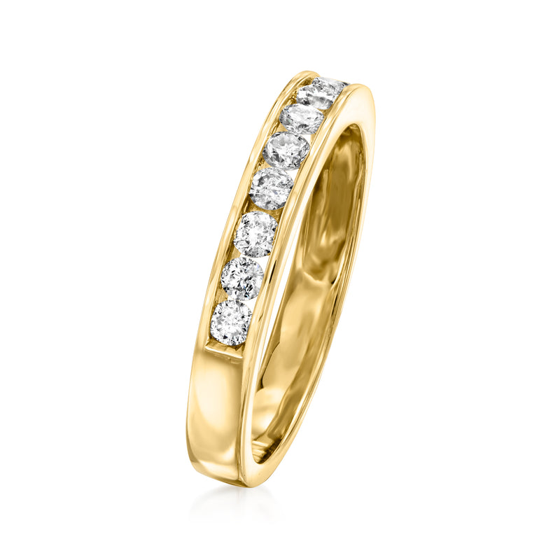 14kt yellow gold channel-set diamond wedding band, side profile with round stones