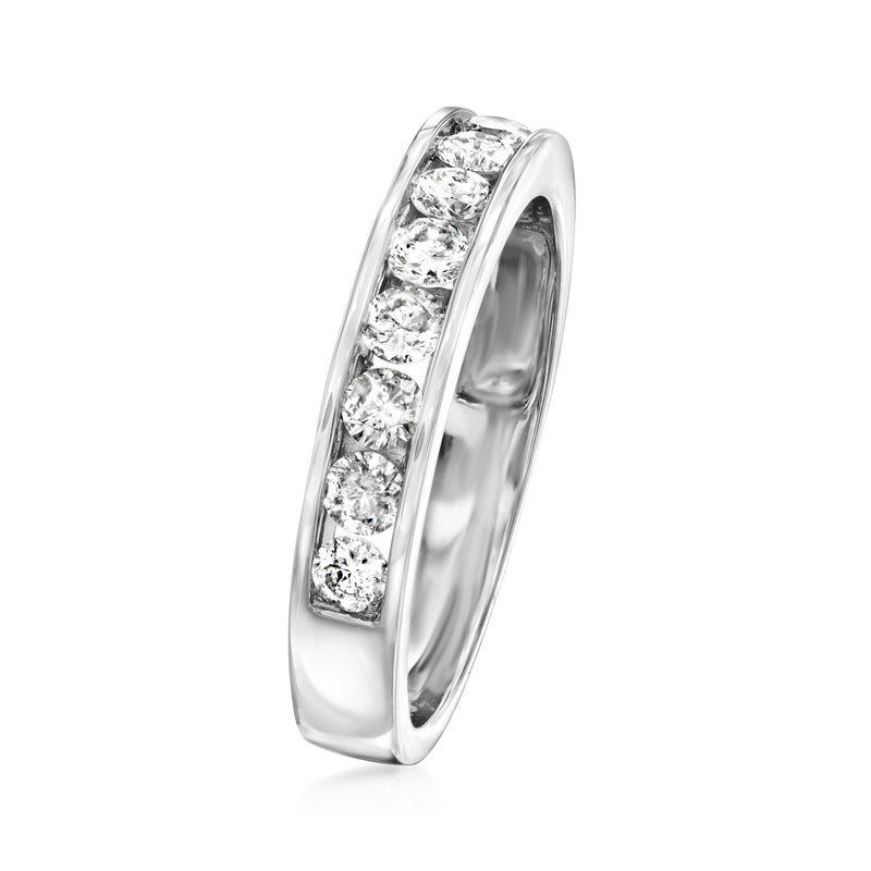 14kt white gold channel-set diamond ring with full side view, oval stone band