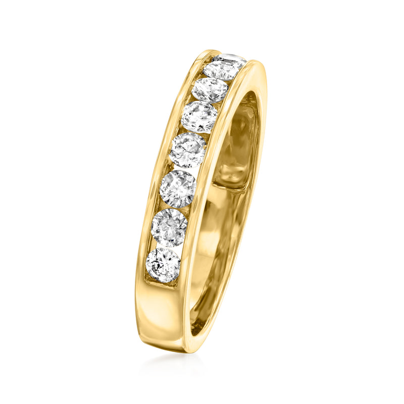 14kt yellow gold diamond channel-set wedding band, side view with round stones