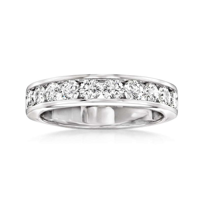 14kt white gold channel-set diamond wedding band with round-cut stones across the top