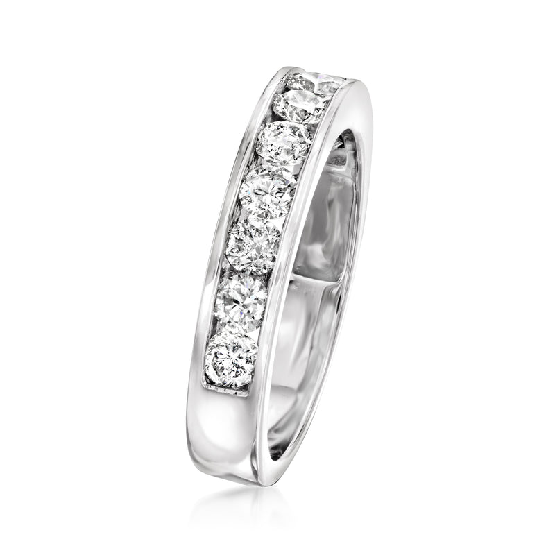 14kt white gold channel-set diamond wedding band, side view of raised diamond channel
