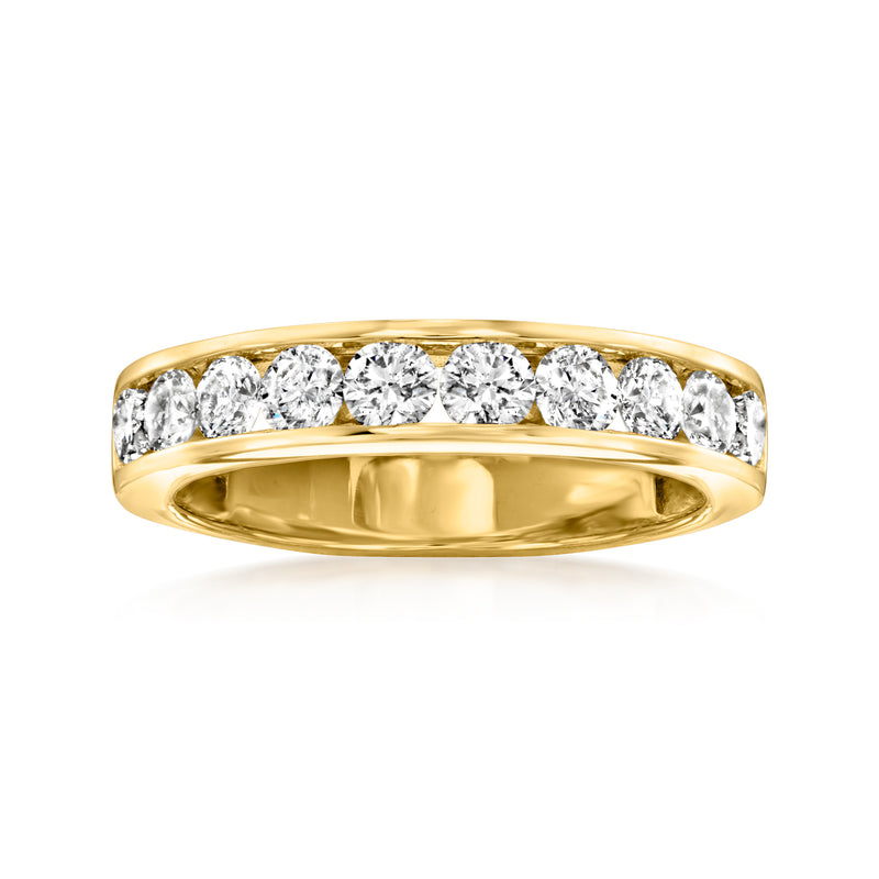 14kt yellow gold channel-set diamond wedding band with round stones, domed profile