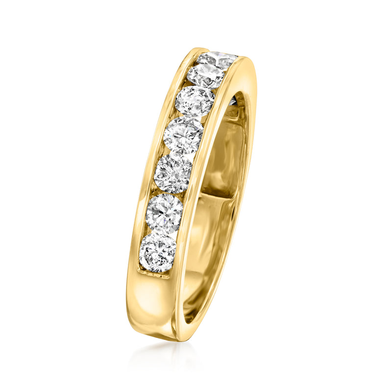 14kt yellow gold channel-set diamond wedding band, side view with inset round stones