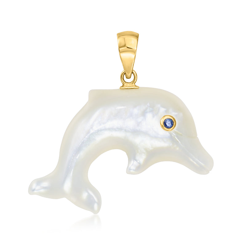 Mother-of-Pearl dolphin pendant in 14kt yellow gold with a single blue sapphire accent