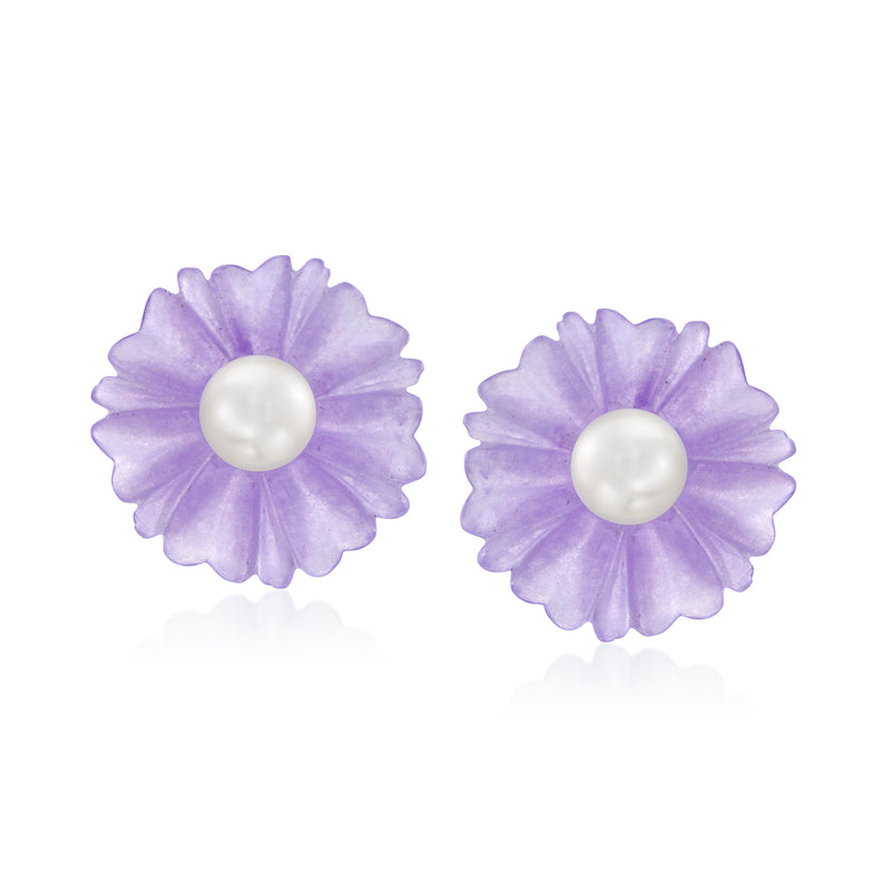 Lavender jade flower stud earrings with white cultured pearl centers