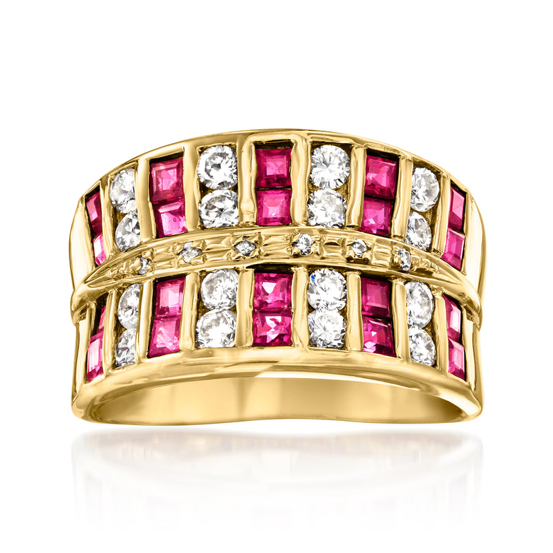 Vintage yellow gold ring with ruby and diamond striped accents, wide band