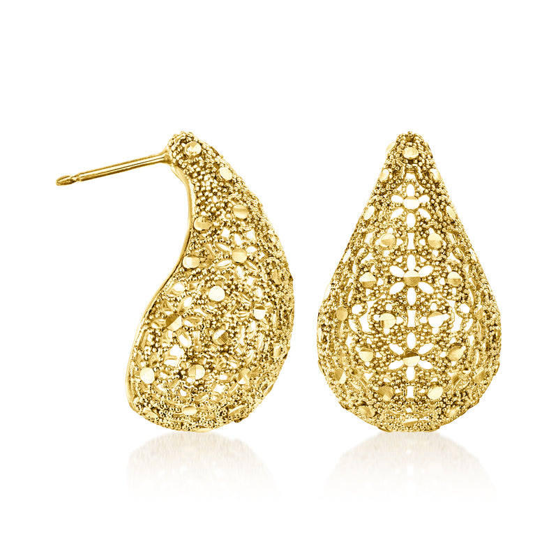 Gold teardrop drop earrings with milgrain beaded texture, stud posts visible