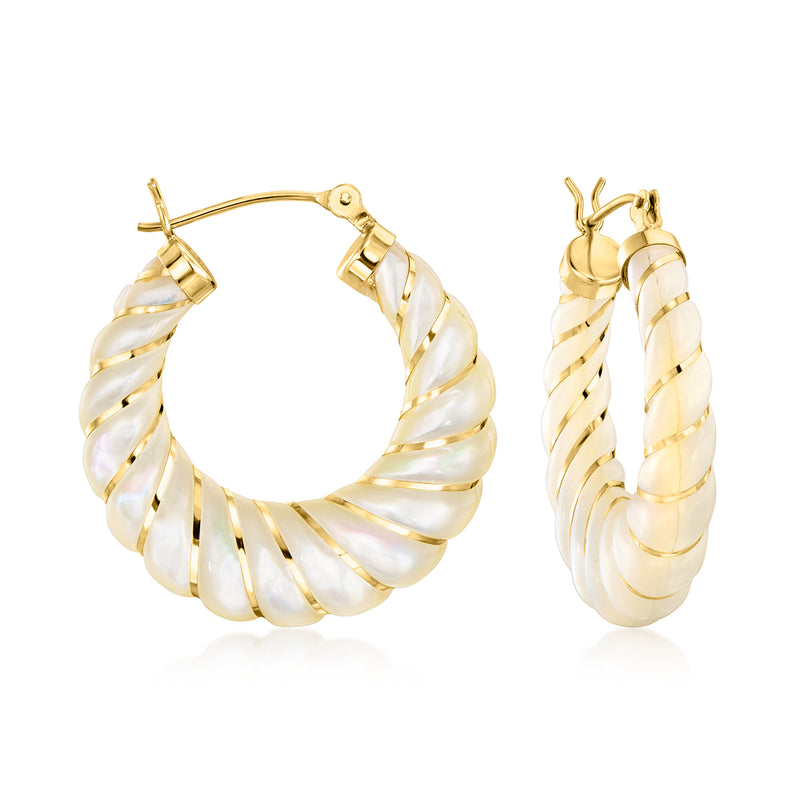 Carved mother-of-pearl hoop earrings, 14kt yellow gold, twisted shell panels