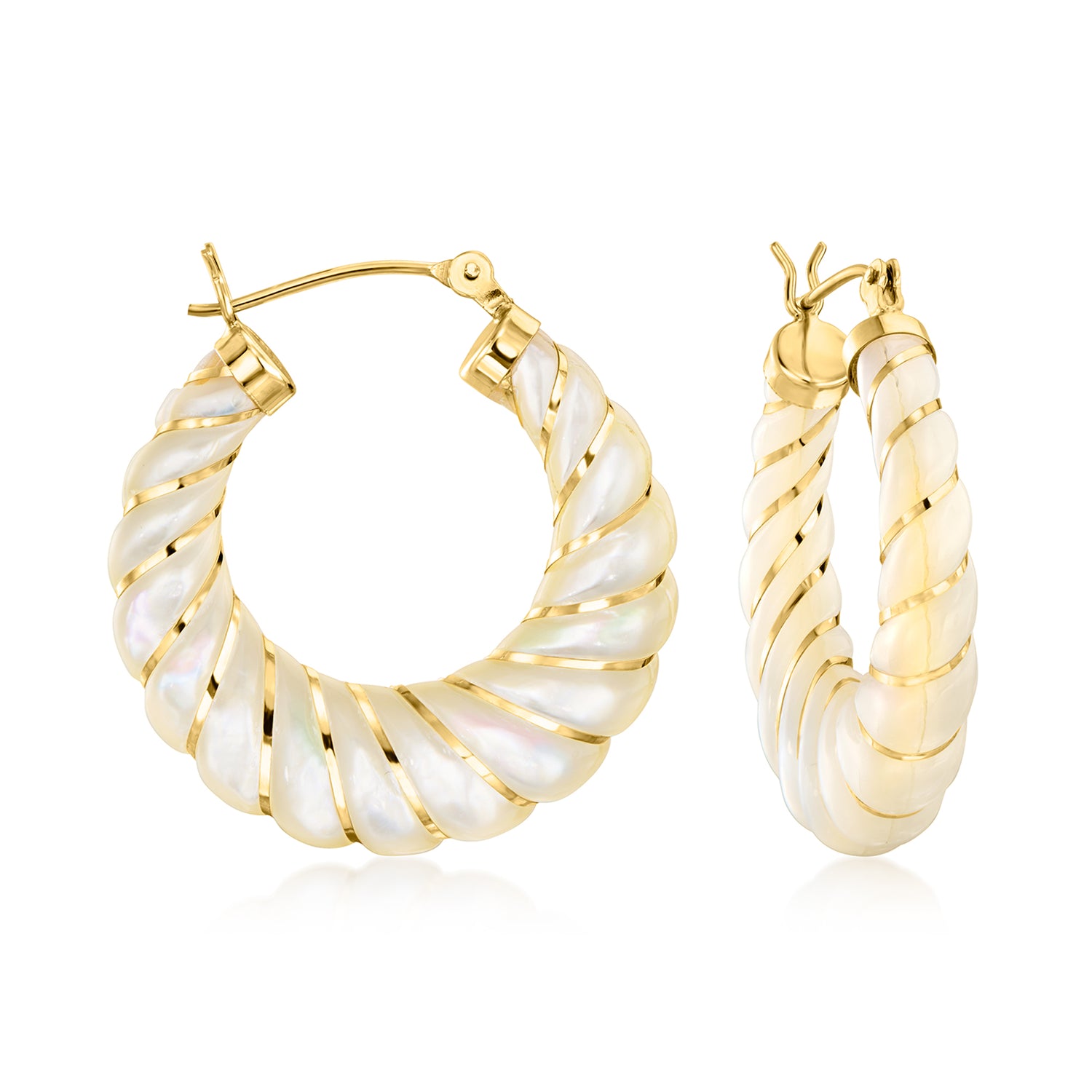 Carved Mother-of-Pearl Hoop Earrings with 14kt Yellow Gold