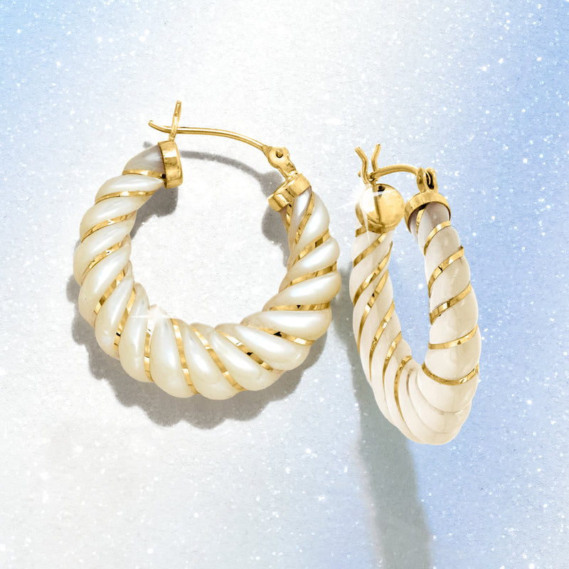 Carved mother-of-pearl hoop earrings, 14kt yellow gold, ridged twisted bands