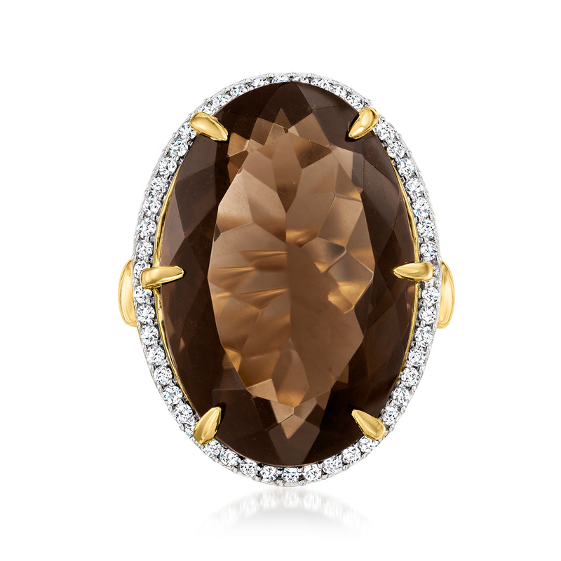 Oval smoky quartz ring with diamond-look halo, 18k gold over sterling, gold prongs