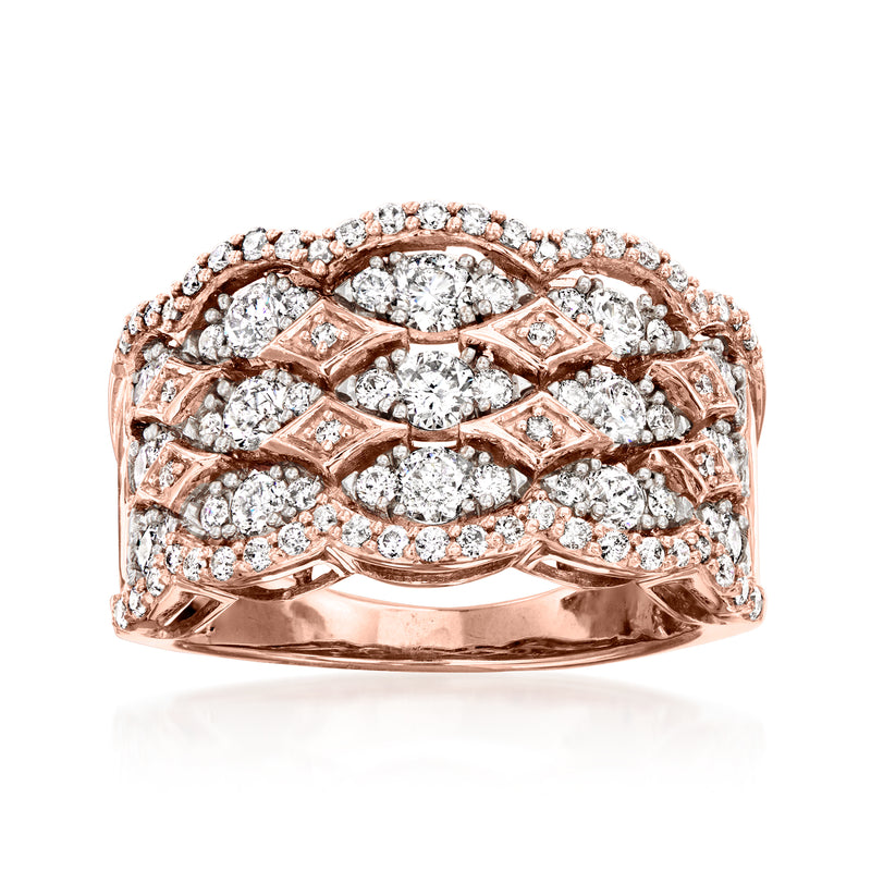 14kt rose gold scalloped diamond ring with oval center and round pave stones