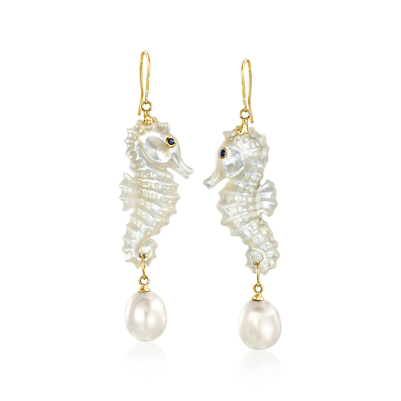 Yellow gold seahorse drop earrings with mother-of-pearl, blue accents, and cultured pearl drops