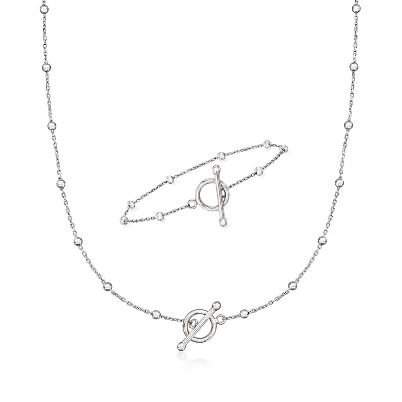 Sterling silver bead-station toggle necklace with matching bracelet, both on chain links