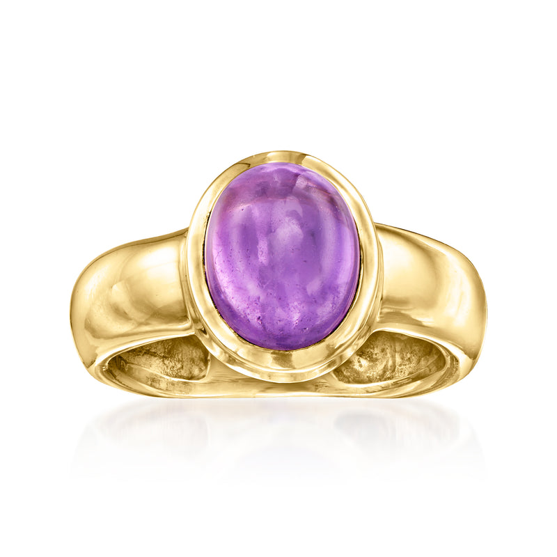 Vintage oval amethyst cabochon ring in 14kt yellow gold, smooth bezel setting