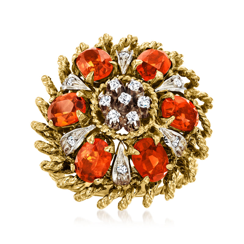 Vintage gold floral ring with orange round citrine and white diamond accents