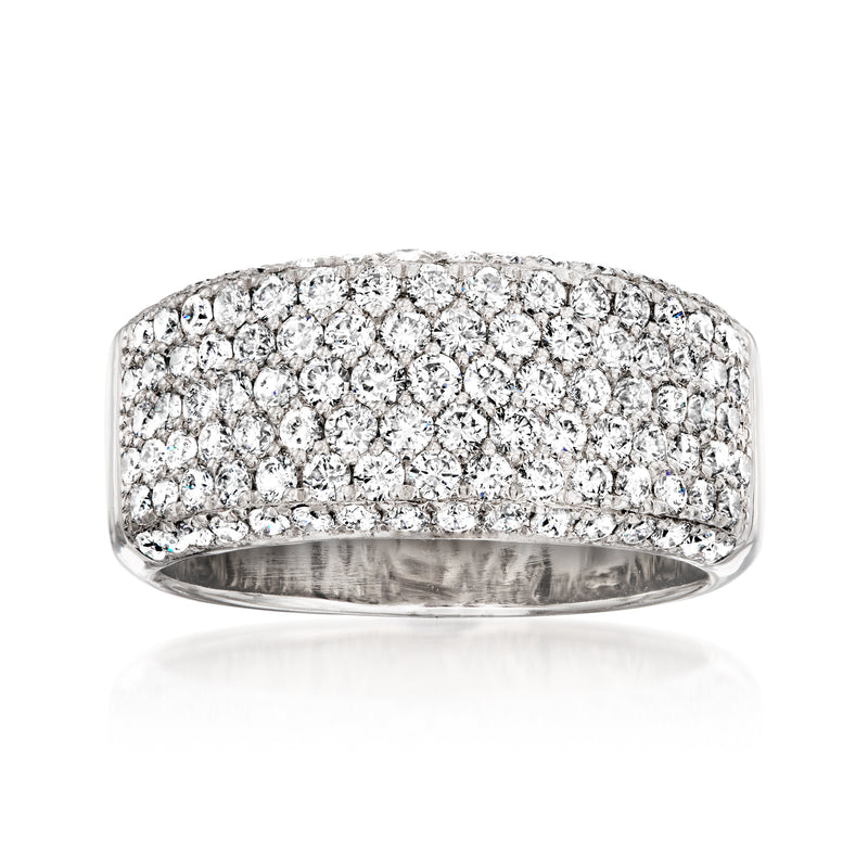 White gold diamond cluster band ring with prong-set stones, wide domed top