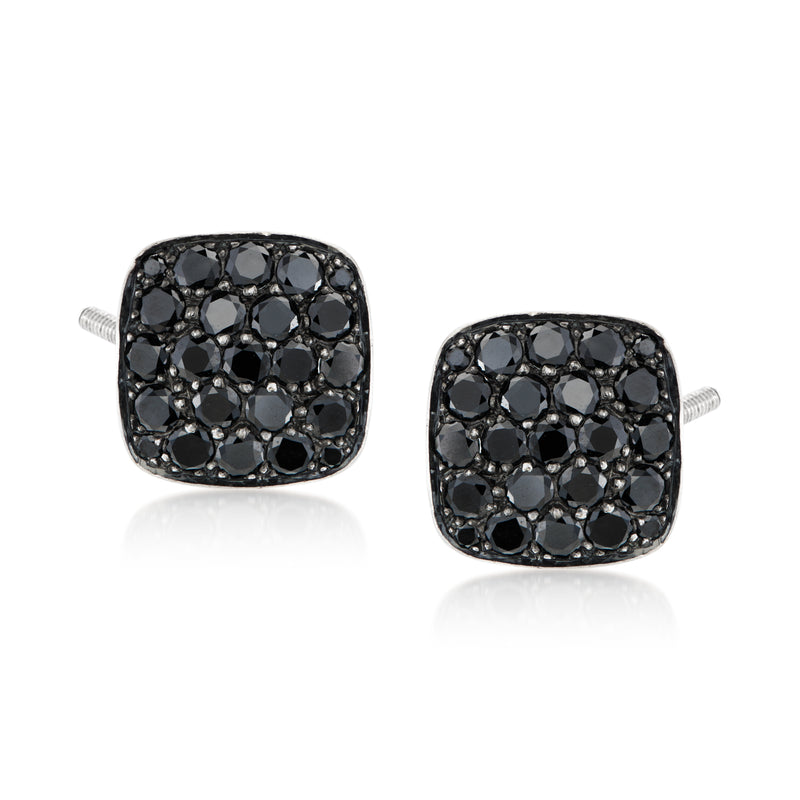 Pave black diamond stud earrings in 18kt white gold, square cushion, post backs