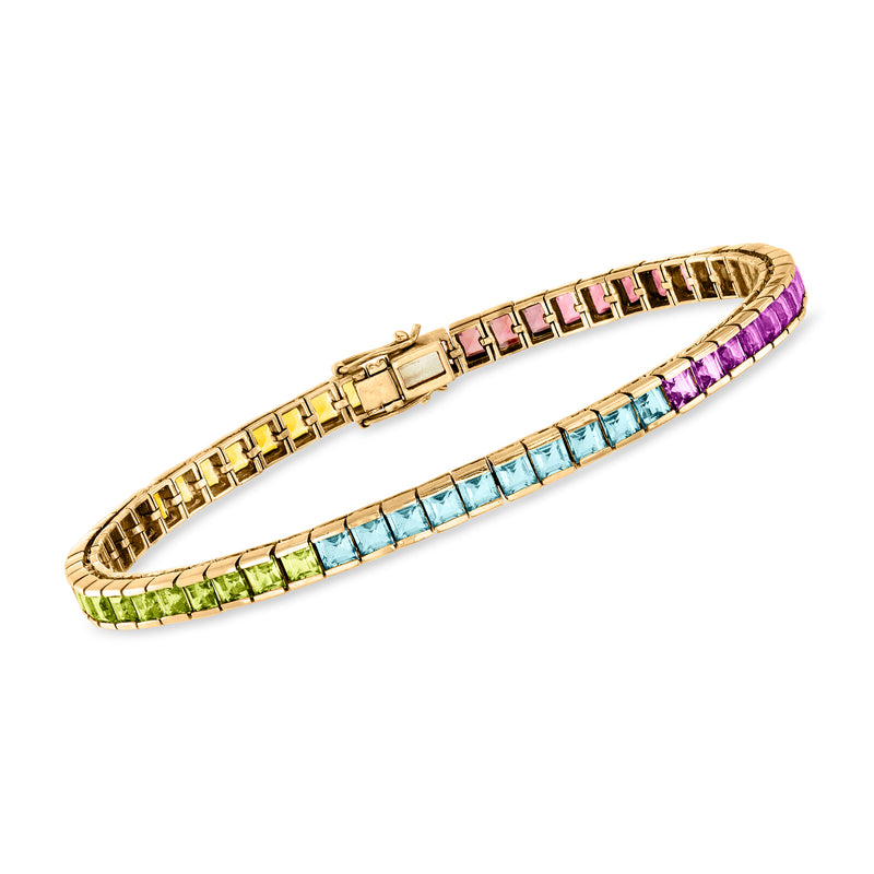 14kt yellow gold tennis bracelet with multicolor square gemstones, clasp closure