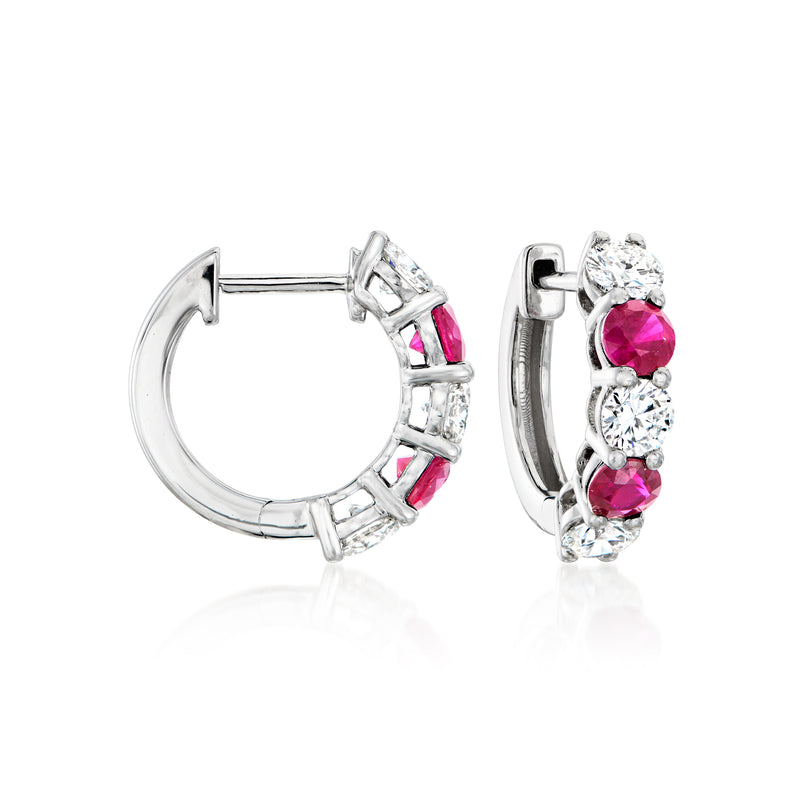 14kt white gold hoop earrings with pink ruby and clear diamond accents