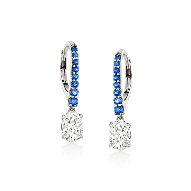 14kt white gold leverback drop earrings: blue sapphire band with round diamond