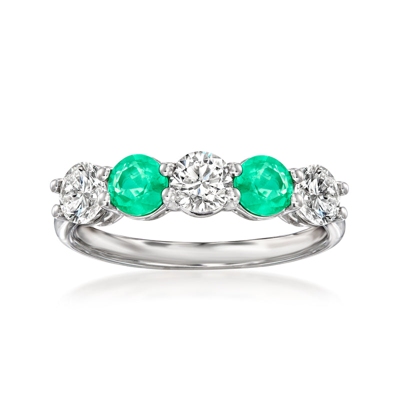 14kt white gold ring with oval green stones and round lab-grown diamonds, 5-stone design