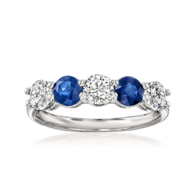 14kt white gold ring with oval blue sapphires and round diamond accents, 5 stones