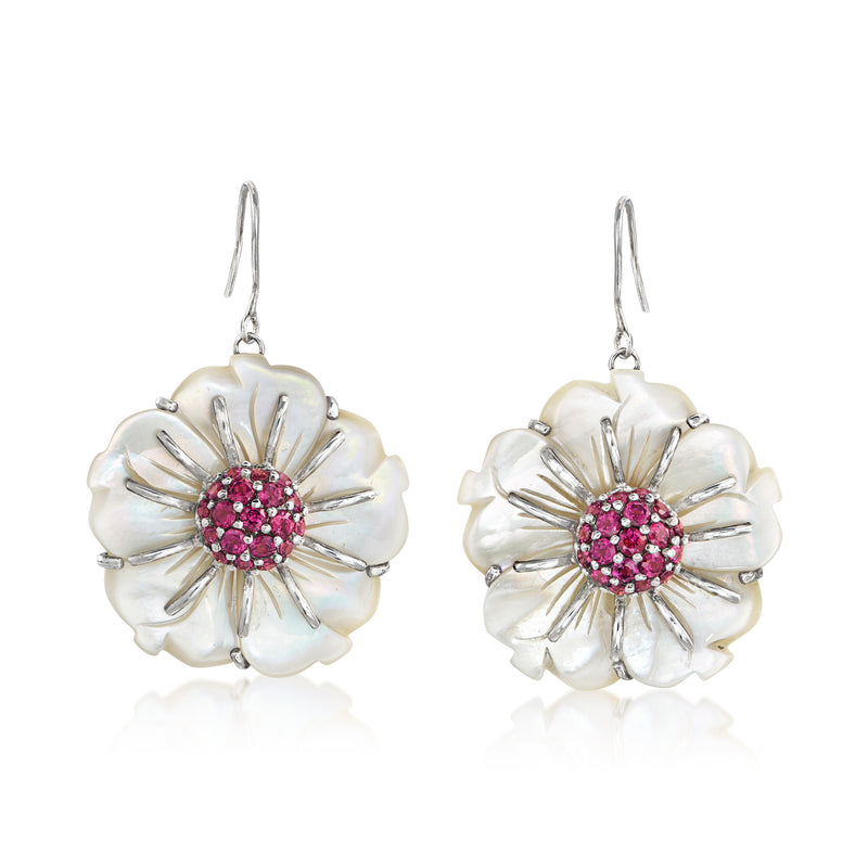 Sterling silver flower earrings with mother-of-pearl petals and pink gem centers