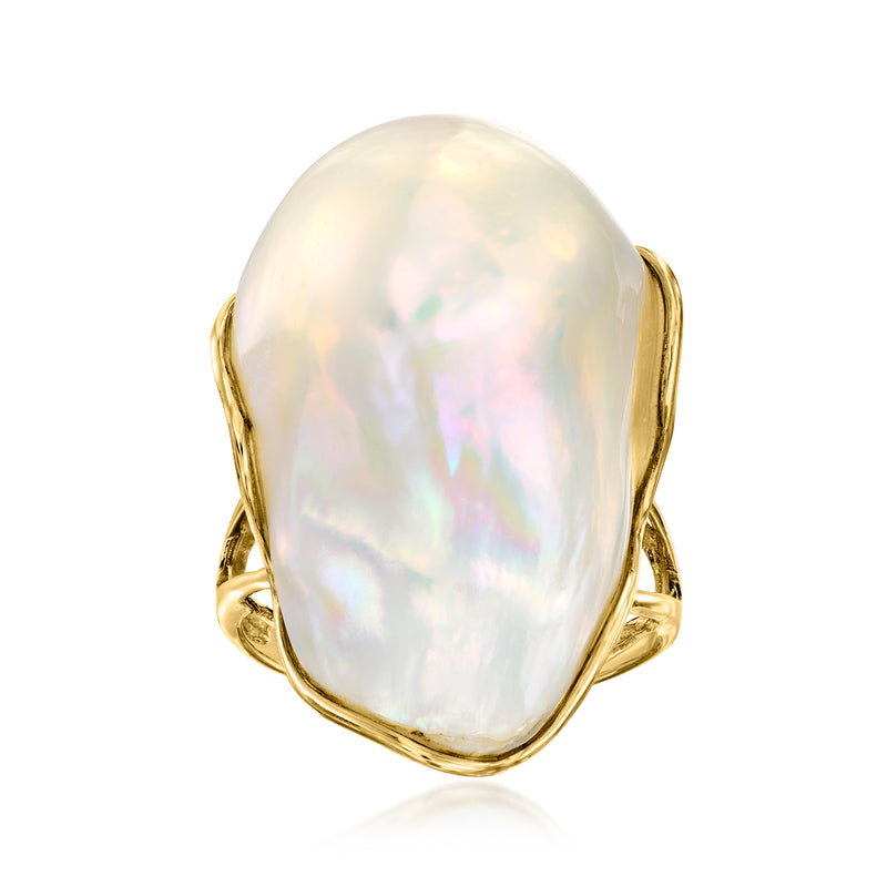 14kt yellow gold ring with large oval cultured baroque pearl, prong-set