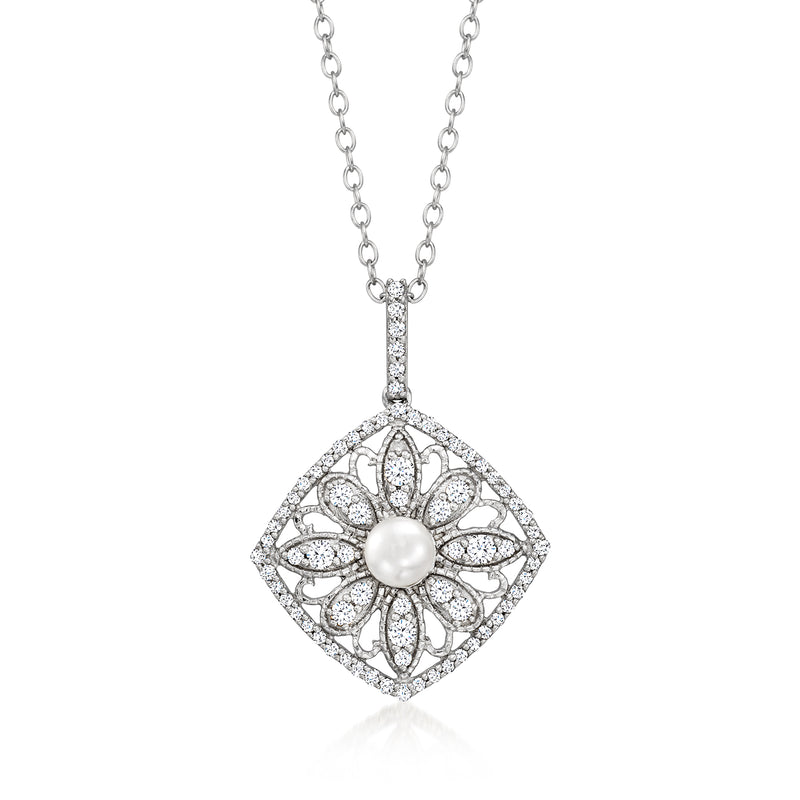 Sterling silver pearl and diamond pendant necklace with floral openwork