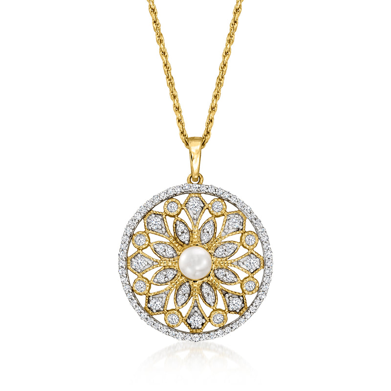 14kt yellow gold round pendant with cultured pearl center, diamond-like accents, bail and chain