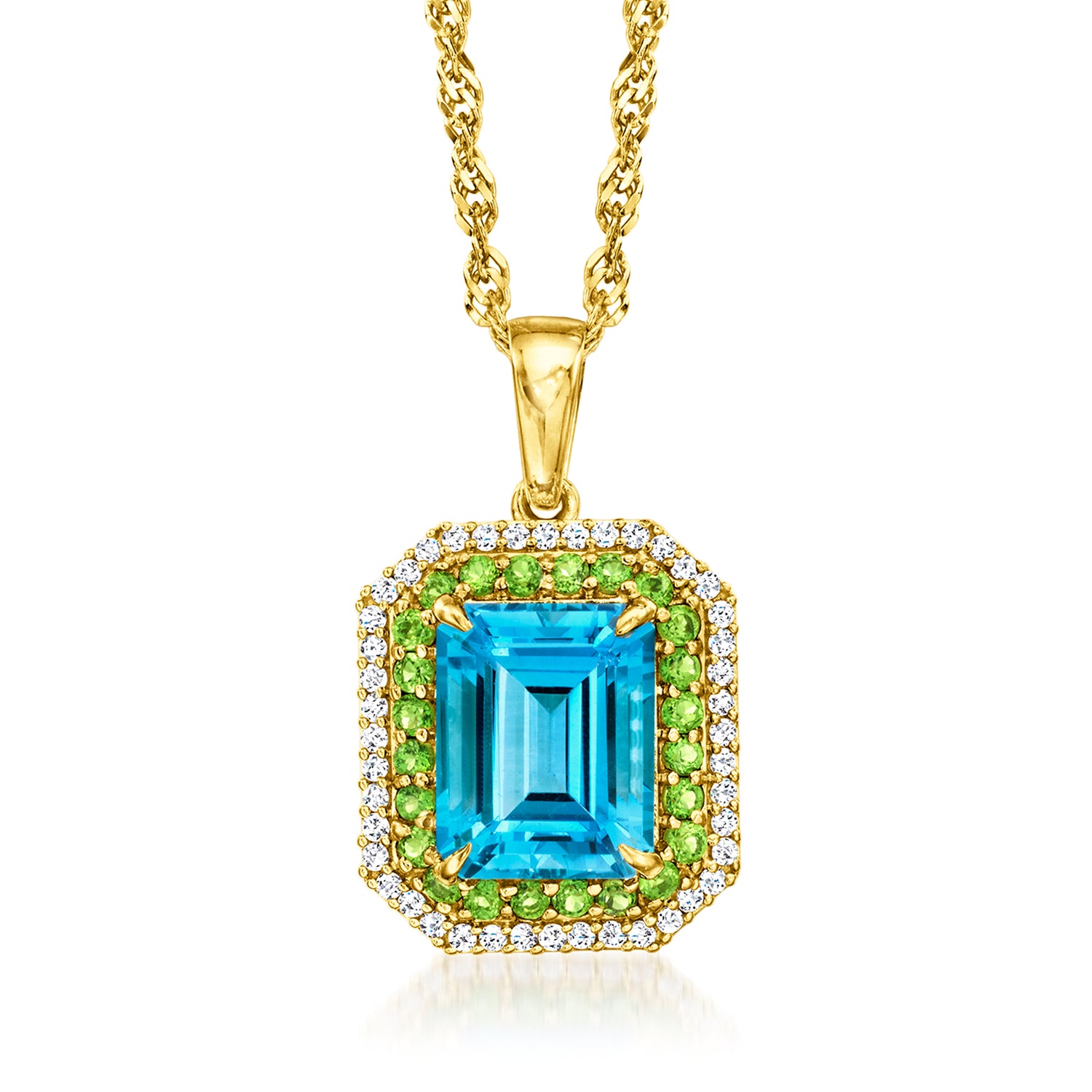 2.70 Carat Swiss Blue Topaz and .30 ct. t.w. Chrome Diopside Pendant Necklace with .20 ct. t.w. White Zircon in 18kt Gold Over Sterling