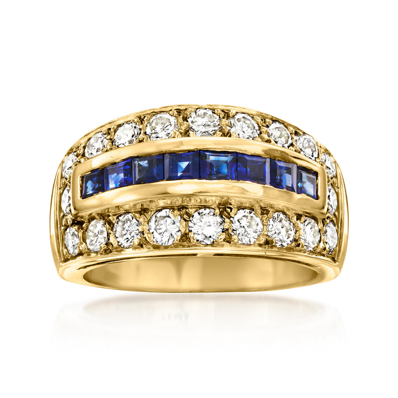 18kt yellow gold ring with blue sapphire center and diamond row halo, wide band