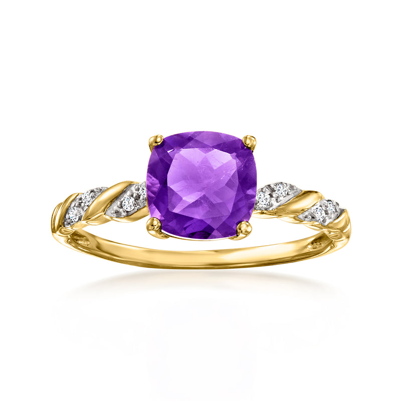 Amethyst twist ring in yellow gold with diamond accents and cushion-cut purple stone