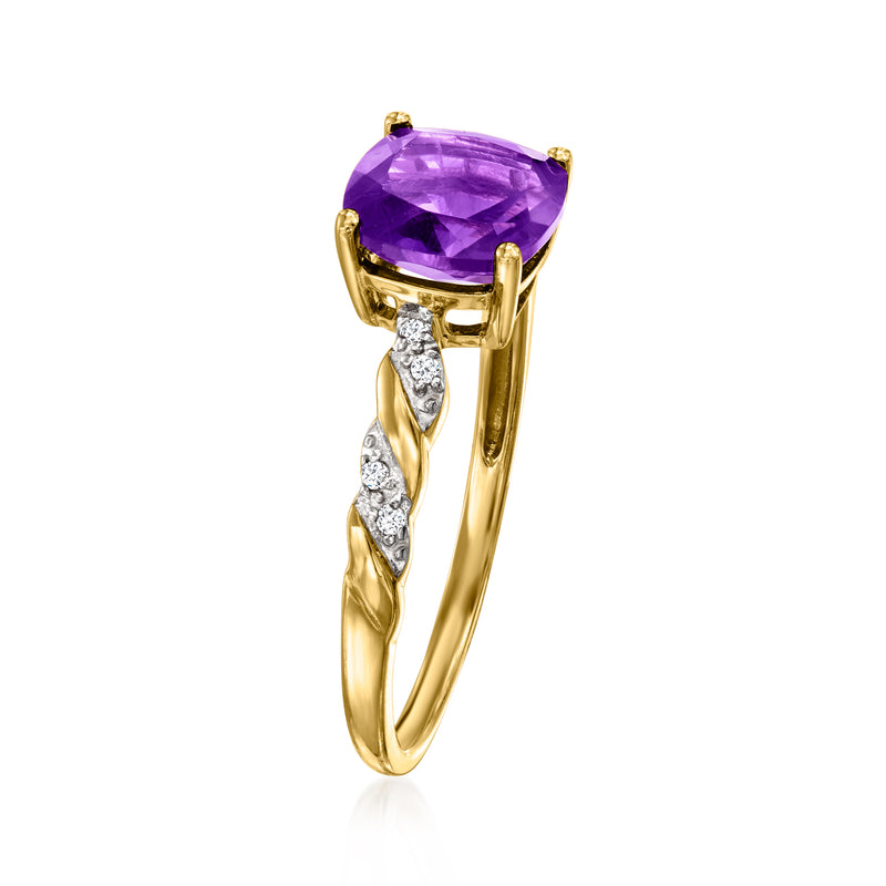 Yellow gold twist ring with purple cushion amethyst, prongs, and side diamond accents