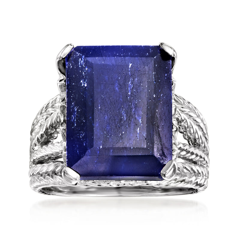 Sterling silver ring with large square blue sapphire and twisted multi-row band