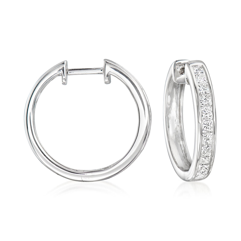 14kt white gold diamond channel-set hoop earrings with continuous paved diamond row