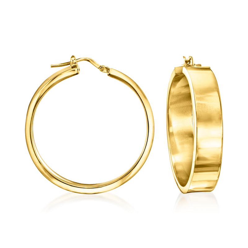 Gold flat hoop earrings with hinged clasp, smooth oval hoop