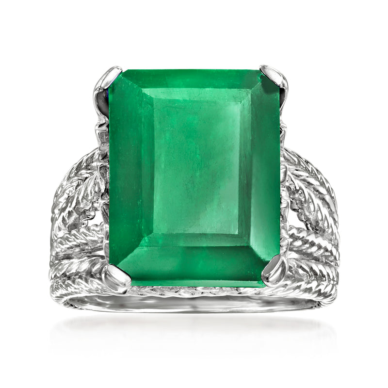Emerald-cut green gemstone multi-row sterling silver ring with openwork bands