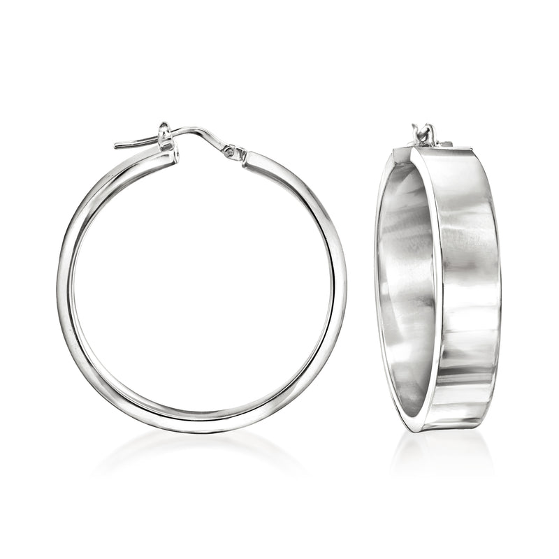 Sterling silver flat hoop earrings, round profile with hinge clasp