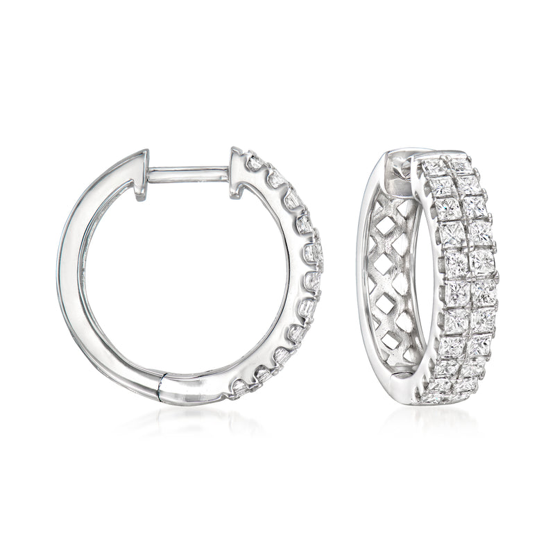 14k white gold diamond hoop earrings, two-row channel-set stones with hinged clasp