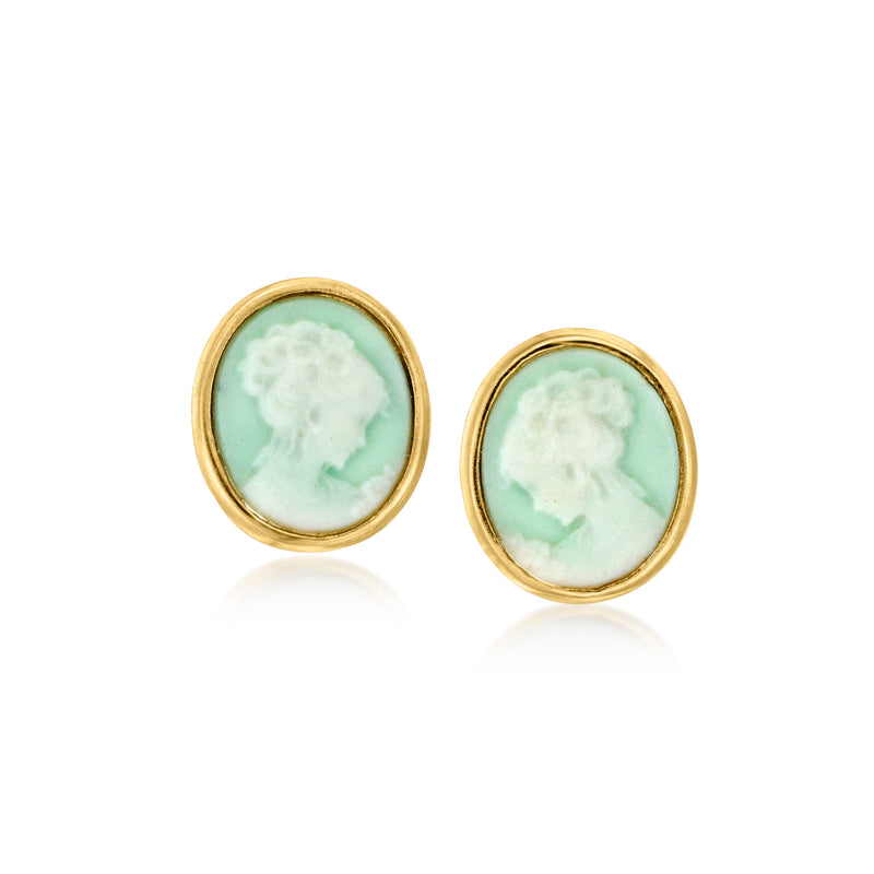 Green porcelain cameo stud earrings, oval profile in gold-tone bezel