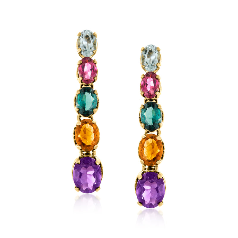 Vintage yellow gold drop earrings with oval blue, pink, teal, orange, and purple gems