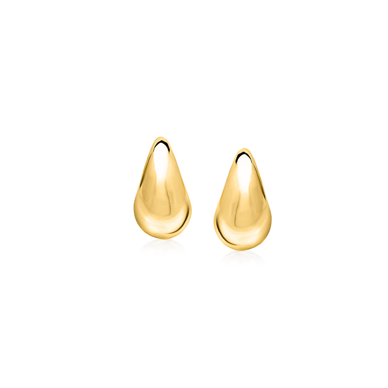 14kt yellow gold small teardrop stud earrings, rounded polished teardrop silhouette