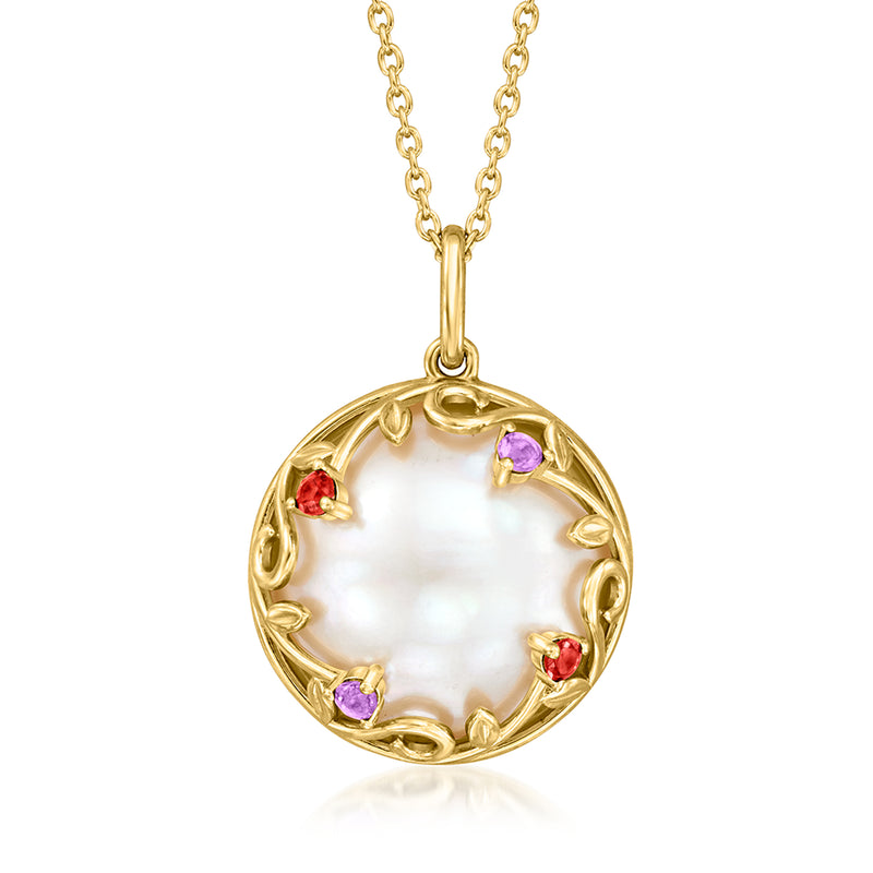 Gold pendant necklace with round white mabe pearl, purple amethyst and red garnets